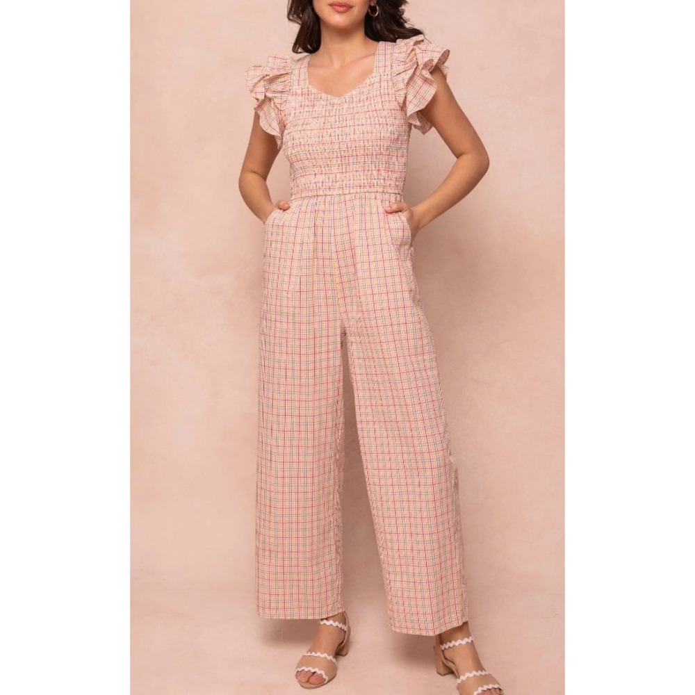 Ivy City Co Hattie Jumpsuit Women's Large Gingham Smocked Ruffles Pockets Cotton
